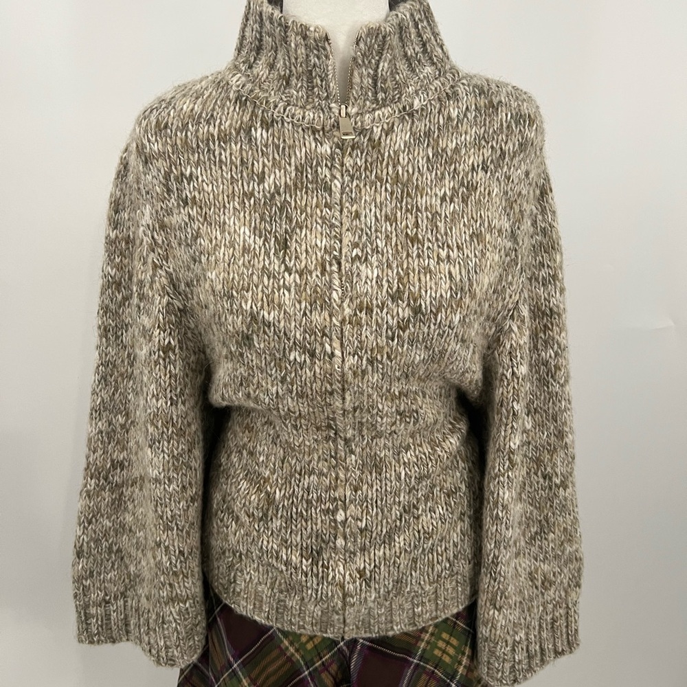 St. John tan zip front mock neck wool blend sweater